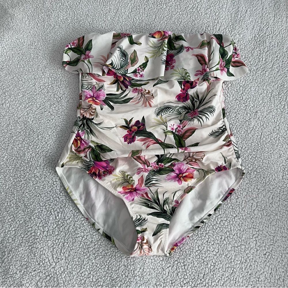 Kona Sol Floral Off-Shoulder One-Piece Swimsuit in White with Pink & Green